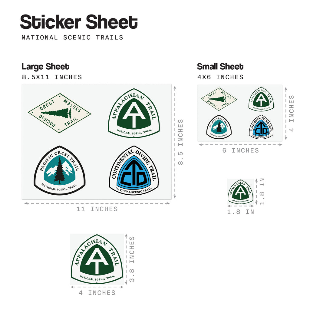 National Scenic Trails Sticker Sheet, Appalachian, Pacific Crest, Continental Divide